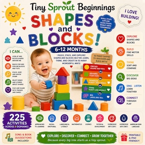 May include: A Tiny Sprout Beginnings Shapes and Blocks educational set for 6-12 months featuring a colorful wooden block tower, various geometric shapes, and instructional text detailing 225 activities across 9 domains to encourage learning.