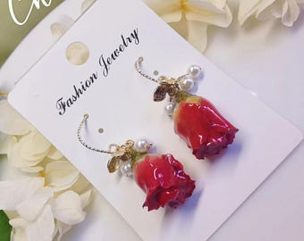 Handmade Romantic Red Rose Stud Earrings: Elegant Dried Flowers Resin Jewelry, Botanical Nature Inspired Earrings, Valentine Rose Gift