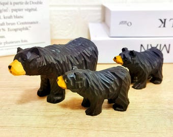 Família de Ursos Pretos Entalhados à Mão em Madeira: Escultura em Miniatura de Animal para Decoração de Casa, Arte Fofa de Urso em Madeira, Figuras Rústicas de Animais da Floresta