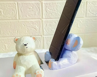 Wooden Bear and Elephant Mobile Phone Stand: Hand Carved Desk Decoration, Cute Bear & Elephant Figurines, Animal Sculpture Ornament