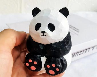 Handmade Wooden Panda Figurine: Cute Panda Gift for Housewarming or Bookshelf, Collectible Mini Animals