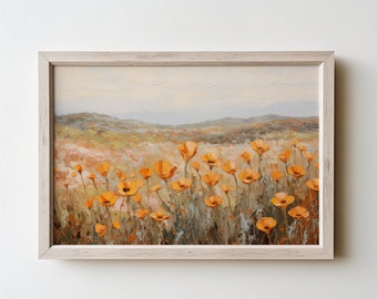 Printable California Poppies Wildflower Field Coast Landscape Vintage Painting, Antique Landscape Art Print, Wall Art Digital Download