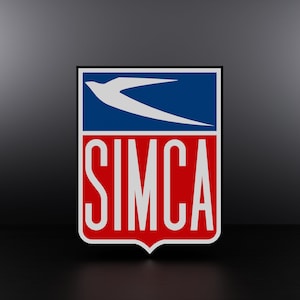 Può includere: Un logo rosso, bianco e blu con un uccello stilizzato in volo e la parola "SIMCA" in lettere bianche.