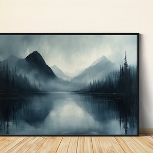 Misty Mountain Lake Digital Art, Mountain Landscape Print, Nature Wall Decor, Moody Forest Art, Digital Download, Scenic Wall Art