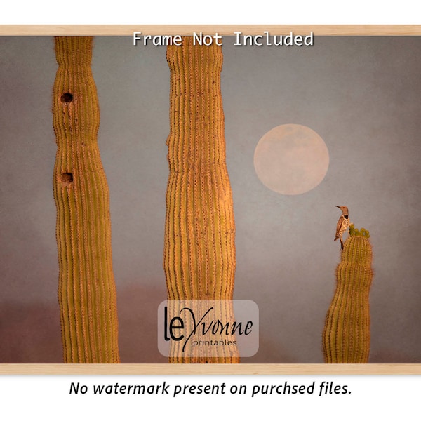 Moonlit Desert Serenity: Cacti and Gilded Flicker in Calm Night Scene - Earthy Tones Downloadable Wall Art, Cacti against muted backdrop