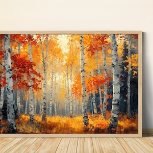 Herbst Wald Digitaldruck, Herbst Birken Bäume Wand Kunst, Sofort Download Natur Landschaft, Sonnenuntergang Wald Landschaft Poster