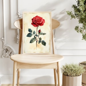 Vintage Red Rose Digital Art Print, Botanical Floral Illustration, Printable Wall Art, Retro Flower Painting, Digital Download