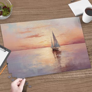 Sailing Ship at Sunset Puzzle, Beautiful Ocean Jigsaw Puzzle, Serene Evening Scene Puzzle, Relaxing Puzzle for Adults, Puzzle Lover Gift