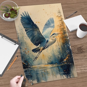 Puzzle Héron bleu en vol : Aquarelle abstraite de forêt