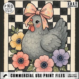 Chicken Png, Farm Animal Png, Floral Chicken, Pink Bow, Black and White Checkered, Farmhouse Png, Digital Download Png, Digital