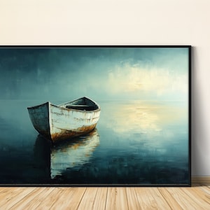 Serene Boot auf ruhigem Wasser Digitaldruck, Malerische Kunst Download, ruhige Natur Wandkunst, friedliche Boot Meerlandschaft Poster
