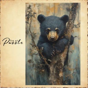 Cute Bear Hanging on Tree Painting Puzzle for Adults and Kids, Animal Art Jigsaw Puzzle, Wildlife Challenge, Unique Puzzle, Nature Lover