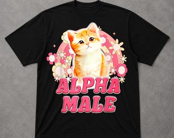 Camiseta "Macho Alfa", Camiseta Engraçada com Gato, Camiseta com Estampa de Meme de Gato, Camiseta com Humor Retrô da Internet