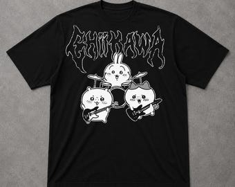 Metal Chiikawa Tee, Kawaii Heavy Metal Anime Shirt, Cute Punk Manga Graphic T Shirt, Gothic Anime Tee