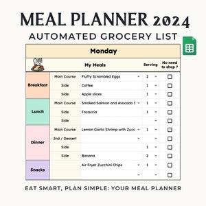 Geautomatiseerde boodschappenlijst maaltijdplanner: gezinsvriendelijke Google Spreadsheets (digitaal)