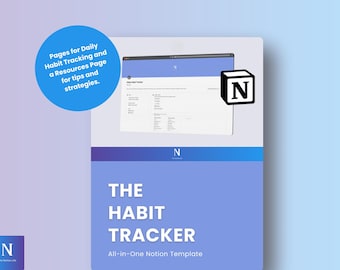 Może przedstawiać: Grafika w kolorze niebieskim i fioletowym z tekstem "THE HABIT TRACKER" i "All-in-One Notion Template". Grafika zawiera również zrzut ekranu strony Notion z tekstem "Daily Habit Tracker".