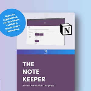 May include: A purple and blue graphic with the text "THE NOTE KEEPER" and "All-in-One Notion Template". The graphic also features a white and blue logo with the letter "N" and a white box with the letter "N" in blue.