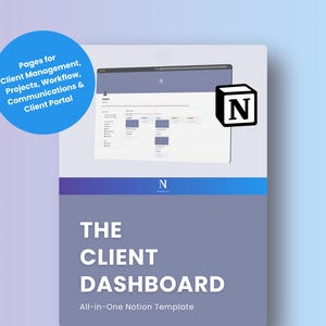 Op de afbeelding: Een blauwe en grijze digitale marketingtemplate voor Notion, met de tekst "THE CLIENT DASHBOARD" en "All-in-One Notion Template". De template bevat pagina's voor klantbeheer, projecten, workflow, communicatie en een klantportaal.