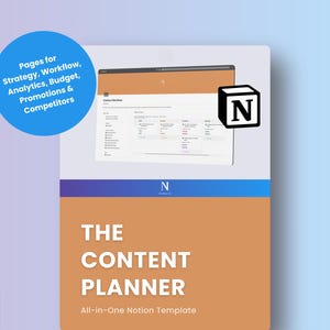 May include: A digital illustration of a content planner template for Notion. The template is designed to help users plan, organize, and track their content creation process. The template includes pages for strategy, workflow, analytics, budget, promotions, and competitors. The template is designed to be used with the Notion app.
