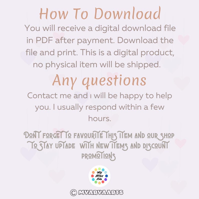 May include: A digital download graphic with text in a soft brown color on a light purple background. The text includes "How To Download" and "Any questions", along with instructions and contact information. The image also includes a logo and copyright information.