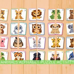 May include: Animal alphabet puzzle activity featuring colorful illustrations of animals like a jaguar, lion, and bear. Each animal is split into two puzzle pieces, with letters A-W. The text "ANIMALS ALPHABET PUZZLE ACTIVITY" is at the bottom.