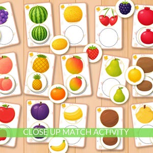 May include: A collection of fruit-themed matching cards. Each card features a colorful illustration of a fruit, such as grapes, watermelon, and cherries. The text "CLOSE UP MATCH ACTIVITY" is displayed in green at the bottom of the image.