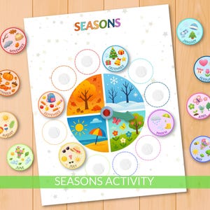 Könnte beinhalten: Ein farbenfrohes Seasons Activity-Diagramm mit kreisförmigem Design, das Illustrationen für jeden Monat und jede Jahreszeit enthält. Enthält Etiketten wie "November", "Dezember" und "August". Das Diagramm befindet sich auf einer Holzoberfläche.