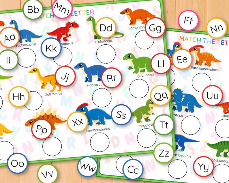 Dinosauriealfabetet och bokstavsigenkänning pusselaktivitet, versaler gemener matchning, parmatchning, ABC-kort bild 13