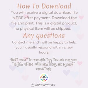 May include: A digital product information graphic with text in a soft brown colour. The text includes instructions on how to download a PDF file after purchase, and a reminder to favourite the item and shop for updates. The background is a light purple with heart shapes.