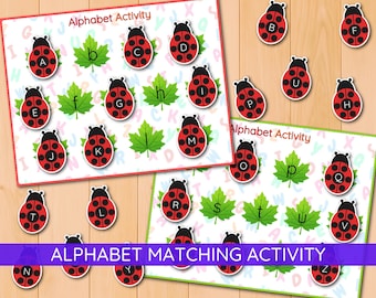 Nyckelpiga alfabetsmatchningsaktivitet, versaler och gemener, läskunnighet för förskola, våraktiviteter, lär dig ABC, dagis