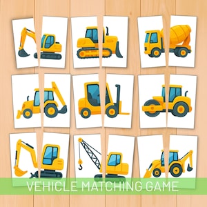 May include: A vehicle matching game featuring illustrations of yellow construction vehicles, including an excavator, bulldozer, and cement mixer. The game is divided into puzzle pieces with the text "VEHICLE MATCHING GAME" at the bottom.