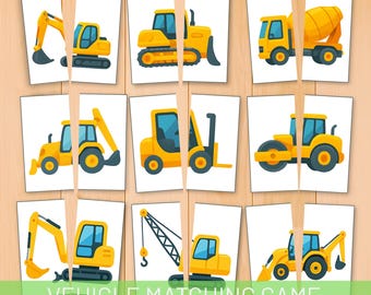 Vehicle Matching Puzzle, Printable Montessori, truck Activity, Learn vehicles set for Kids, symmetry cards