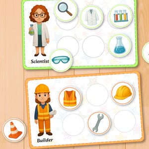 May include: Educational illustration featuring a scientist and a builder. The scientist is holding a flask and wearing a lab coat and glasses. The builder is wearing a hard hat and safety vest. Various tools and equipment are shown.