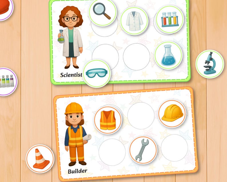 May include: Educational illustration featuring a scientist and a builder. The scientist is holding a flask and wearing a lab coat and glasses. The builder is wearing a hard hat and safety vest. Various tools and equipment are shown.