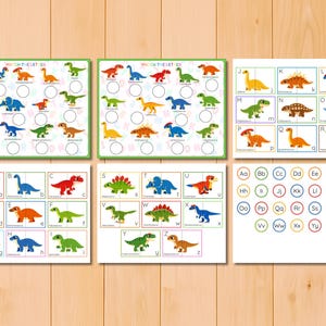 Dinosauriealfabetet och bokstavsigenkänning pusselaktivitet, versaler gemener matchning, parmatchning, ABC-kort bild 3