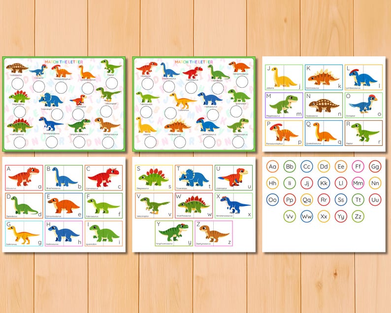 Dinosauriealfabetet och bokstavsigenkänning pusselaktivitet, versaler gemener matchning, parmatchning, ABC-kort bild 3