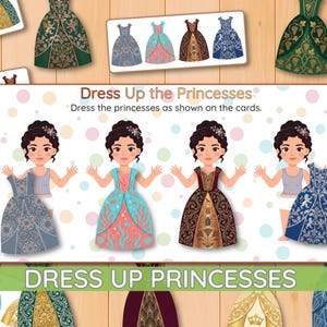 May include: A paper doll activity set titled Dress Up the Princesses featuring four illustrated figures with various interchangeable dresses in blue, teal, coral, and burgundy with intricate patterns, displayed alongside multiple dress cards.