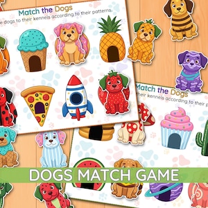 Puede incluir: Una hoja de actividades educativas imprimible titulada Match the Dogs que presenta varios perros de dibujos animados y formas de casetas correspondientes como una piña, un cohete, una porción de pizza y un cupcake. El juego incluye ilustraciones coloridas de perros.