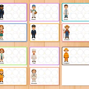 May include: Colorful educational cards featuring illustrations of various professions, including a police officer, painter, doctor, teacher, pilot, gardener, scientist, chef, firefighter, builder, and astronaut. Each card has a space for attaching items.