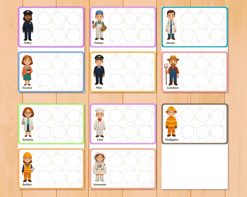 May include: Colorful educational cards featuring illustrations of various professions, including a police officer, painter, doctor, teacher, pilot, gardener, scientist, chef, firefighter, builder, and astronaut. Each card has a space for attaching items.