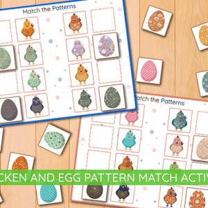 Puede incluir: Un juego educativo para niños con actividades de emparejamiento. La imagen muestra ilustraciones coloridas de pollos y huevos estampados. El texto "Match the Patterns" está en los tableros de juego, con el título "CHICKEN AND EGG PATTERN MATCH ACTIVITY" en la parte inferior.
