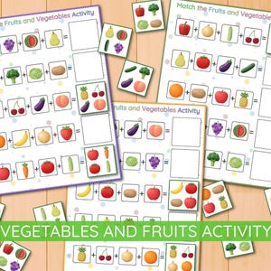 Può includere: Fogli di attività educative intitolati "Match the Fruits and Vegetables Activity" con illustrazioni colorate di frutta e verdura. I fogli presentano problemi di addizione con spazi vuoti per le risposte e il testo "VEGETABLES AND FRUITS ACTIVITY".