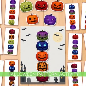 May include: A Halloween-themed pattern activity featuring colorful pumpkin illustrations. The image includes various pumpkin designs, bats, a moon, and the text "HALLOWEEN PATTERN ACTIVITY". The pumpkins are in shades of orange, purple, green, red, and blue.
