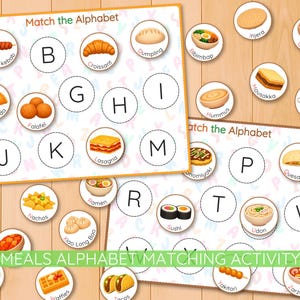 May include: Two educational activity sheets with food illustrations and the text "Match the Alphabet". The sheets feature various dishes like lasagna, sushi, and tacos, designed for learning and matching.
