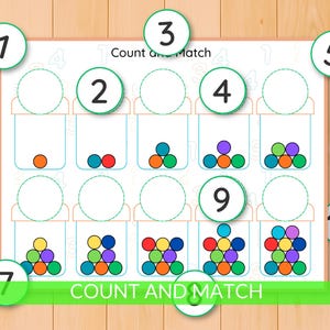 May include: A colorful educational worksheet with the text "Count and Match." The worksheet features numbered circles and matching activities with various colored balls inside containers. The numbers 1 through 10 are displayed.
