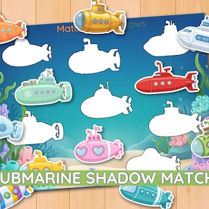 Könnte beinhalten: Ein U-Boot-Schatten-Zuordnungs-Arbeitsblatt mit bunten Cartoon-U-Booten in Orange, Gelb, Weiß, Grün, Blau, Rot, Pink und gestreiften Mustern, angeordnet um weiße Silhouetten auf einem blauen Unterwasserhintergrund mit Korallen.