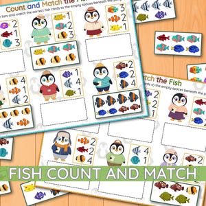 Op de afbeelding: Een educatief werkblad getiteld Count and Match the Fish met tekenfilm-pinguïns en diverse kleurrijke visillustraties. Het blad bevat genummerde lijsten met vissen en lege rechthoekige vakken voor het uitvoeren van sorteertaken.
