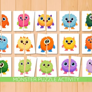 Activité d'association de casse-tête de monstres, jeu préscolaire, carte de symétrie, casse-têtes séparés, perception visuelle, montessori, tout-petit