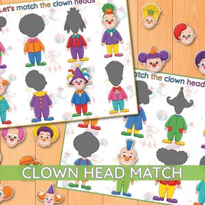 Może przedstawiać: Arkusz z zadaniem dopasowywania zatytułowany Let's match the clown heads, zawierający kolorowe ilustracje klaunów bez głów oraz oddzielne wycinanki z głowami klaunów. Klauny mają na sobie żywe stroje w odcieniach różu, pomarańczu, błękitu i zieleni.