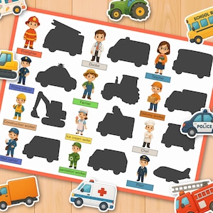May include: A vibrant matching game for children, showcasing community helpers and their vehicles. Includes a firefighter, doctor, teacher, police officer, farmer, delivery worker, ice cream seller, chef, and pilot. The game aims to educate children about different professions.
